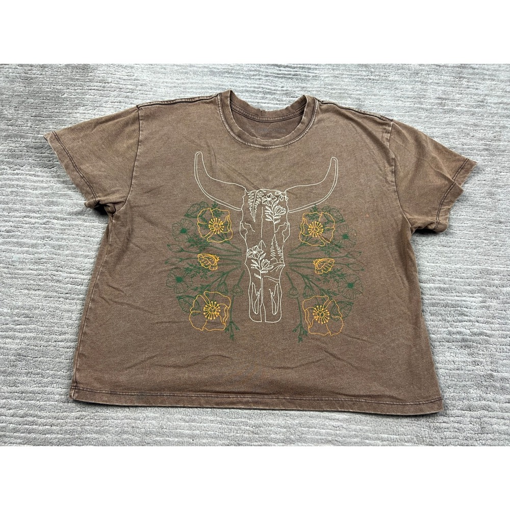 Inspired Culture Graphic Tee Womens L Brown Bull Skull Floral Boho Boxy 1B1266MW